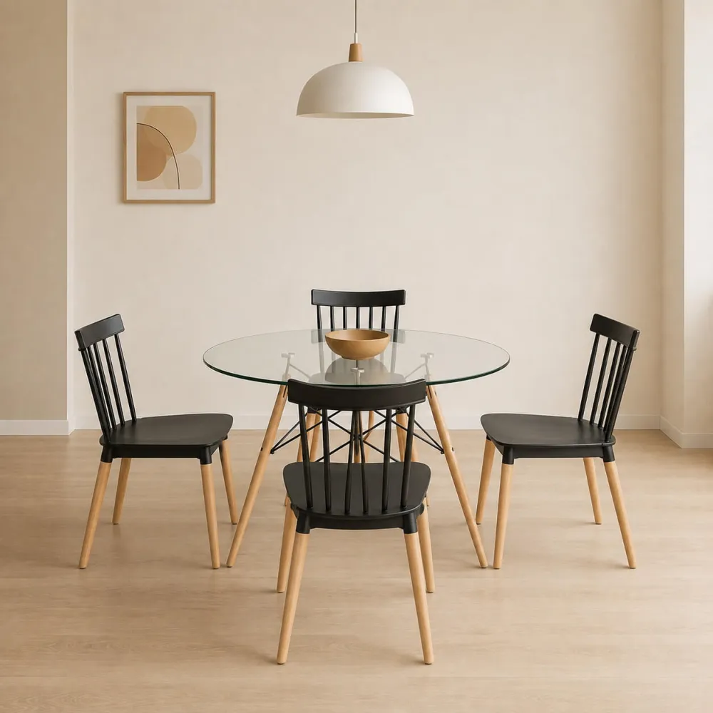 Comedor Redondo Vidrio 100cm 4 Sillas Windsor Polipropileno