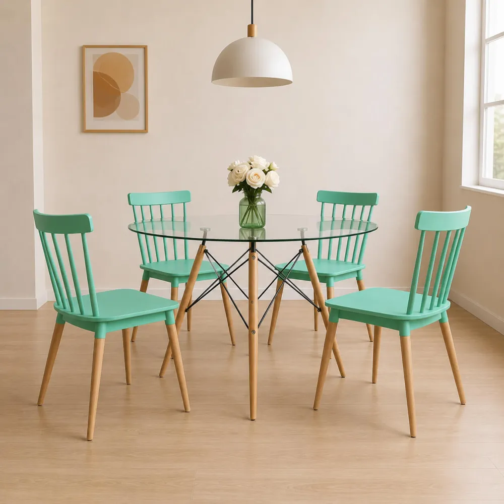 Comedor Redondo Vidrio 100cm 4 Sillas Windsor Polipropileno