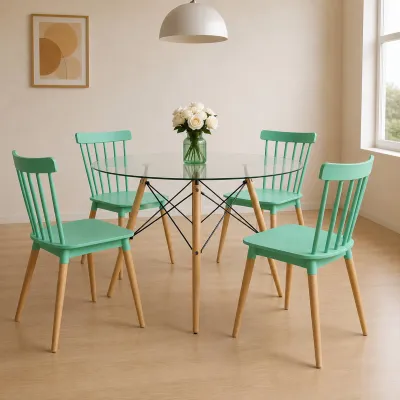 Comedor Redondo Vidrio 100cm 4 Sillas Windsor Polipropileno