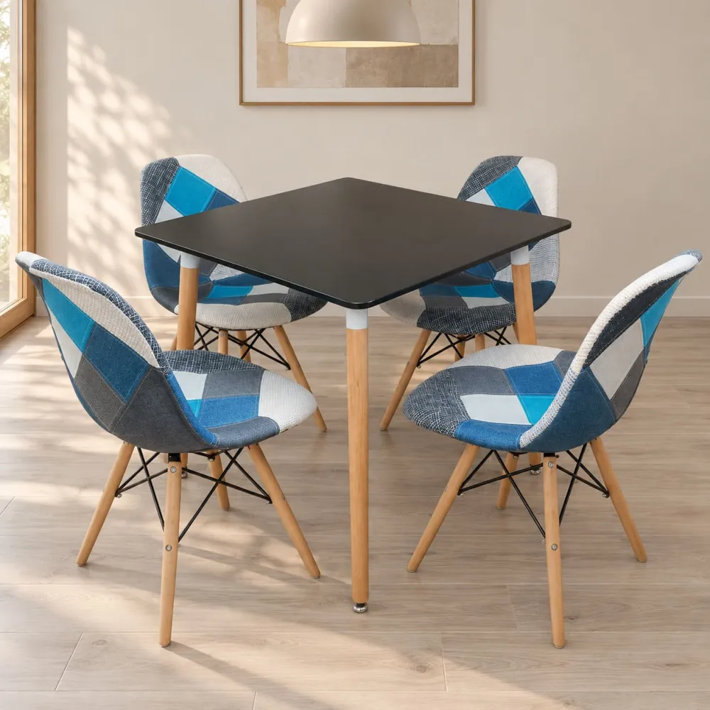 Comedor Mesa Cuadrada MDF 80x80cm 4 Sillas Patchwork