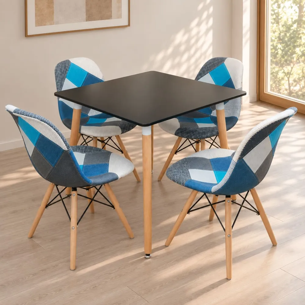 Comedor Mesa Cuadrada MDF 80x80cm 4 Sillas Patchwork