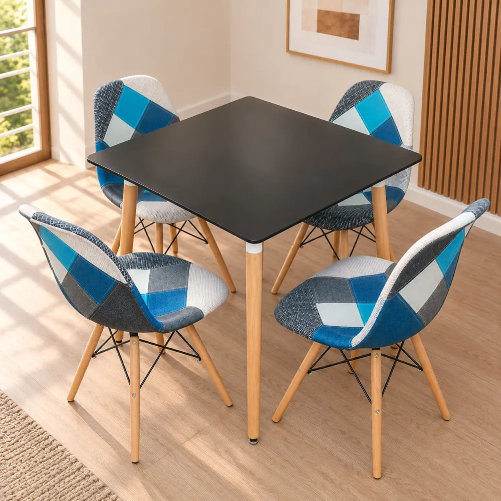 Comedor Mesa Cuadrada MDF 80x80cm 4 Sillas Patchwork