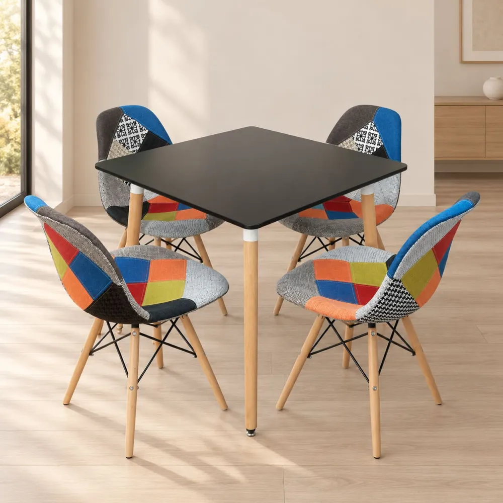 Comedor Mesa Cuadrada MDF 80x80cm 4 Sillas Patchwork