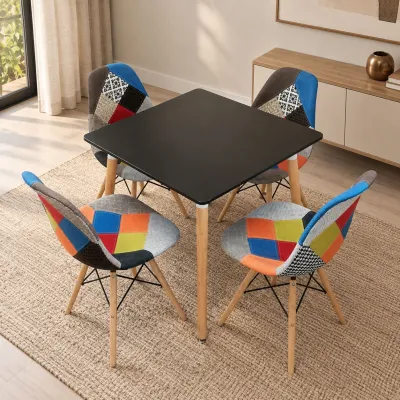 Comedor Mesa Cuadrada MDF 80x80cm 4 Sillas Patchwork
