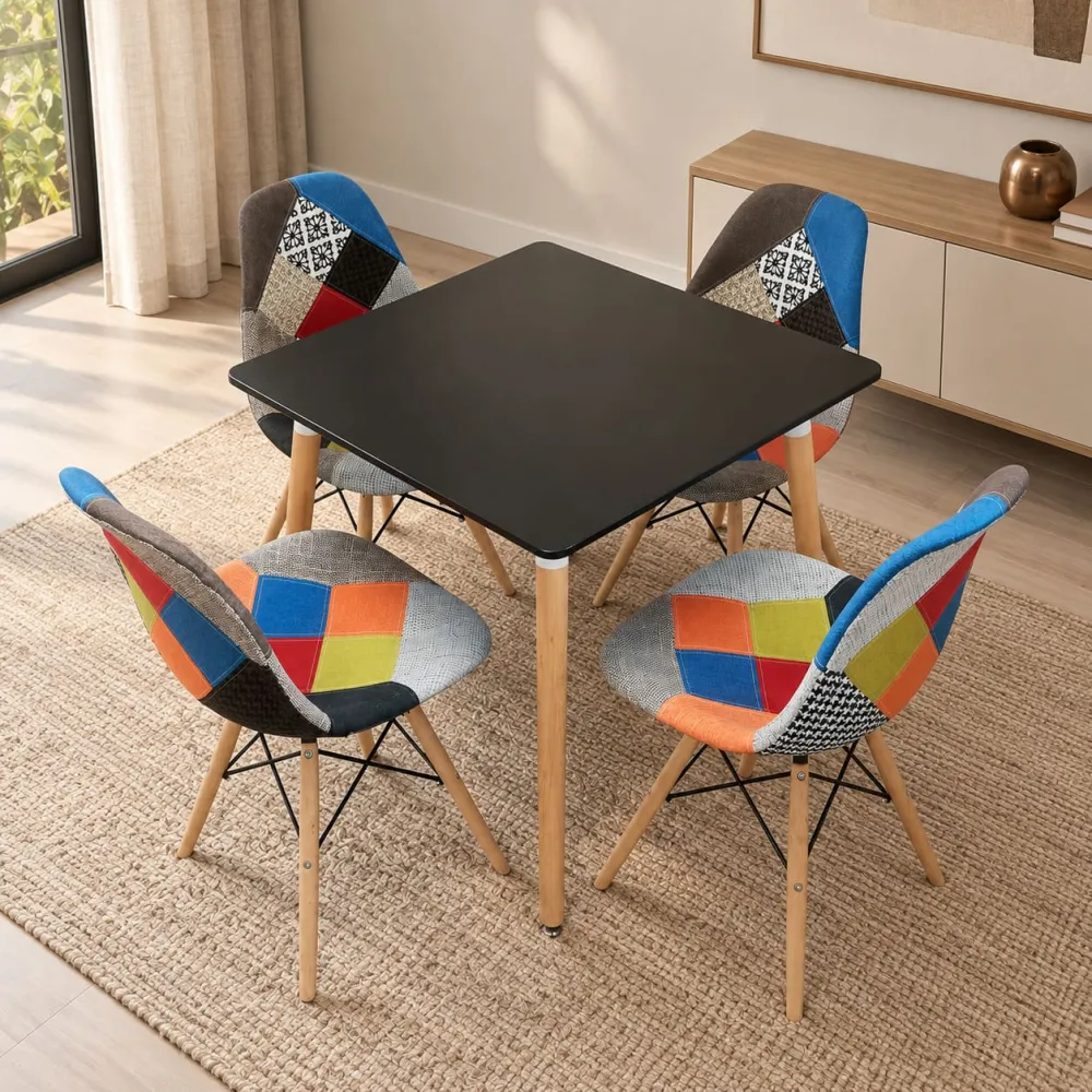 Comedor Mesa Cuadrada MDF 80x80cm 4 Sillas Patchwork