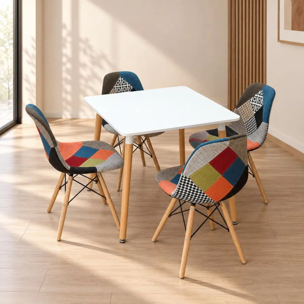 Comedor Mesa Cuadrada MDF 80x80cm 4 Sillas Patchwork