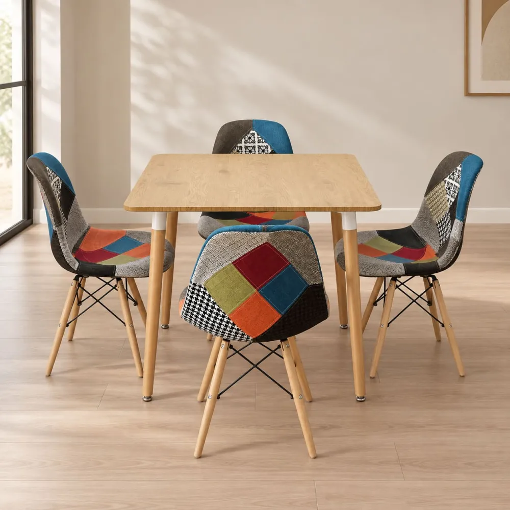 Comedor Mesa Cuadrada MDF 80x80cm 4 Sillas Patchwork