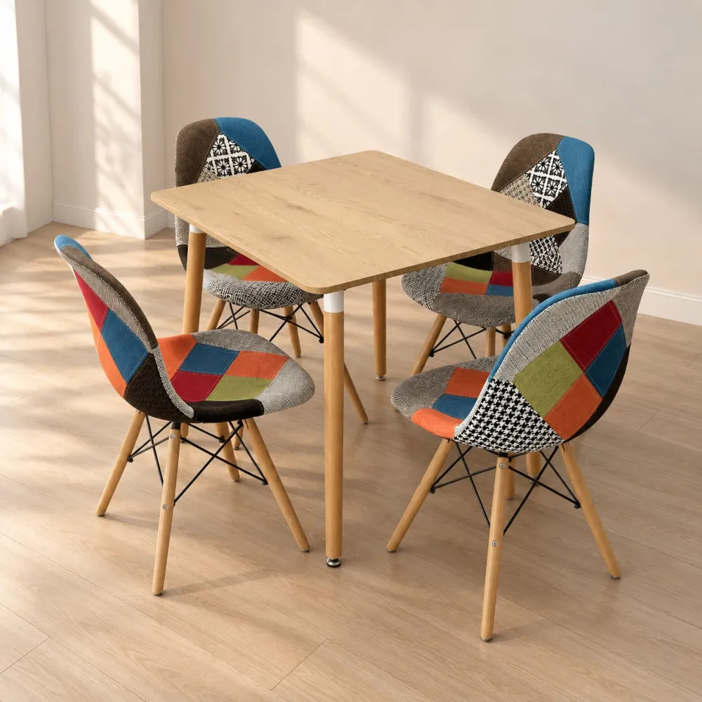 Comedor Mesa Cuadrada MDF 80x80cm 4 Sillas Patchwork