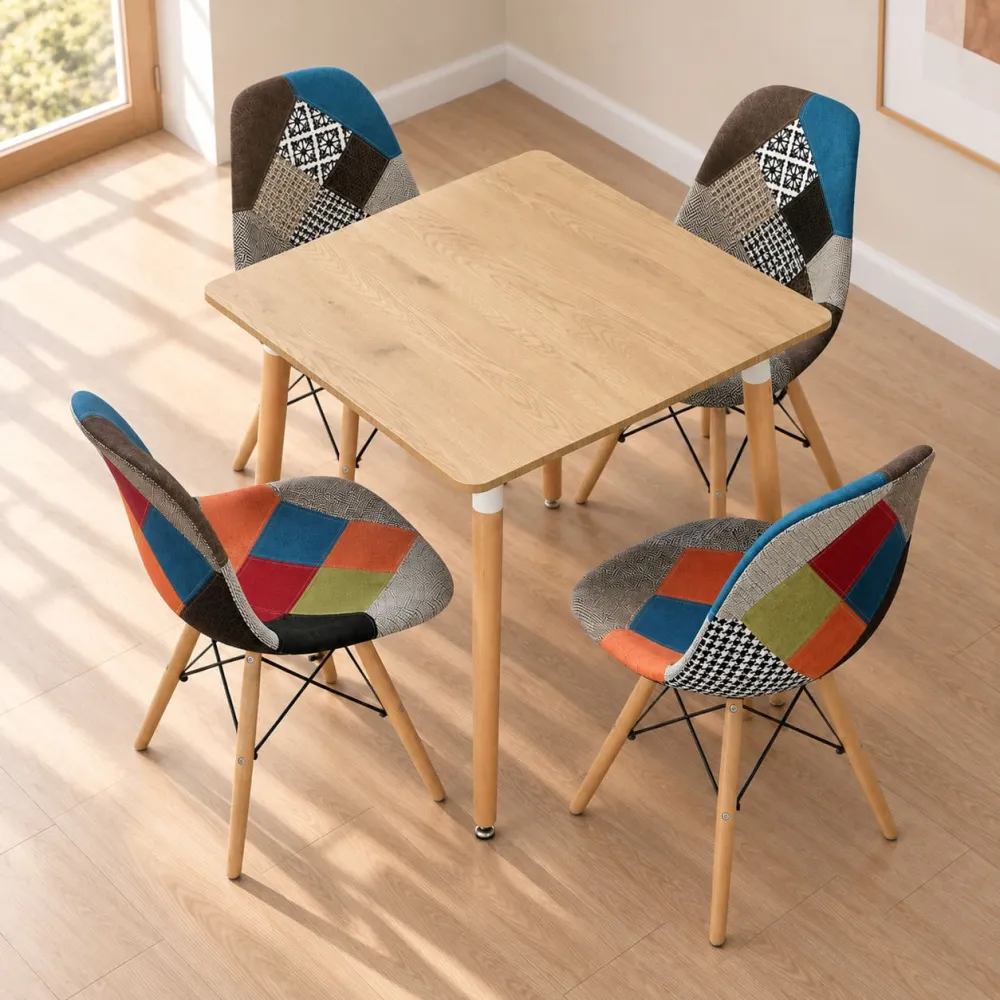Comedor Mesa Cuadrada MDF 80x80cm 4 Sillas Patchwork