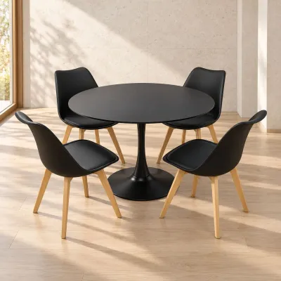 Comedor Redondo Mesa Tulip Negra 80cm 4 Sillas Tulip Acolchadas