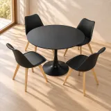Comedor Redondo Mesa Tulip Negra 80cm 4 Sillas Tulip Acolchadas