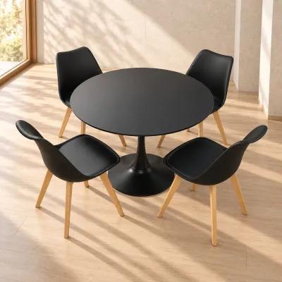 Comedor Redondo Mesa Tulip Negra 80cm 4 Sillas Tulip Acolchadas