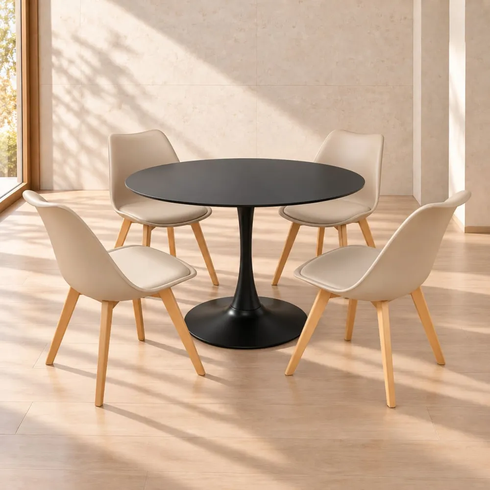 Comedor Redondo Mesa Tulip Negra 80cm 4 Sillas Tulip Acolchadas