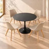Comedor Redondo Mesa Tulip Negra 80cm 4 Sillas Tulip Acolchadas