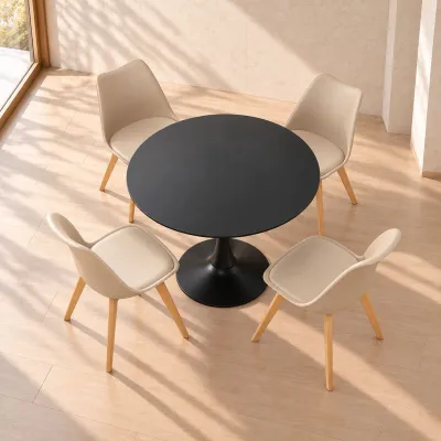 Comedor Redondo Mesa Tulip Negra 80cm 4 Sillas Tulip Acolchadas