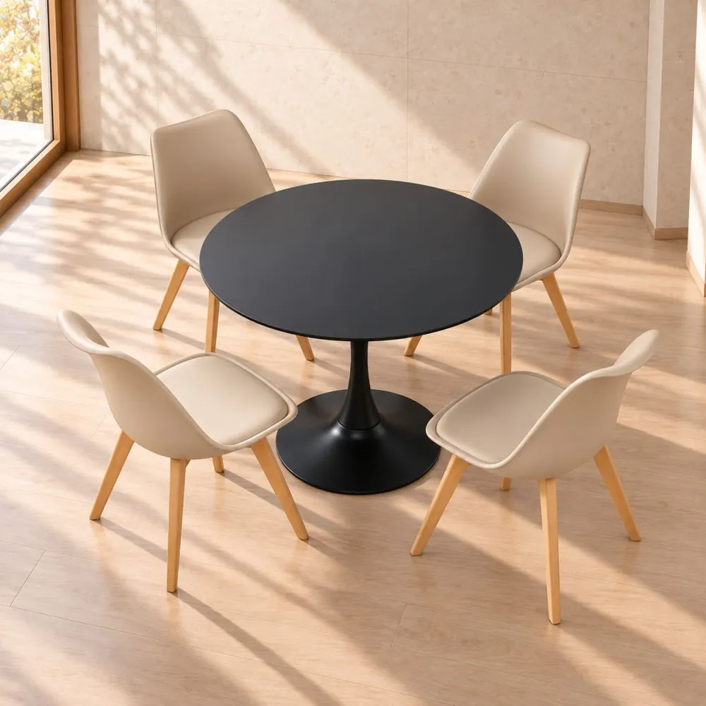 Comedor Redondo Mesa Tulip Negra 80cm 4 Sillas Tulip Acolchadas