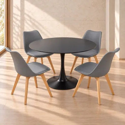 Comedor Redondo Mesa Tulip Negra 80cm 4 Sillas Tulip Acolchadas