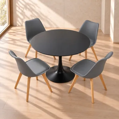Comedor Redondo Mesa Tulip Negra 80cm 4 Sillas Tulip Acolchadas