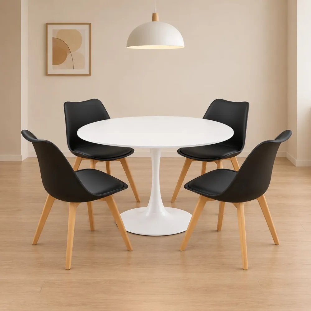 Comedor redondo mesa Tulip blanca 80cm y 4 sillas Tulip patas de madera de haya