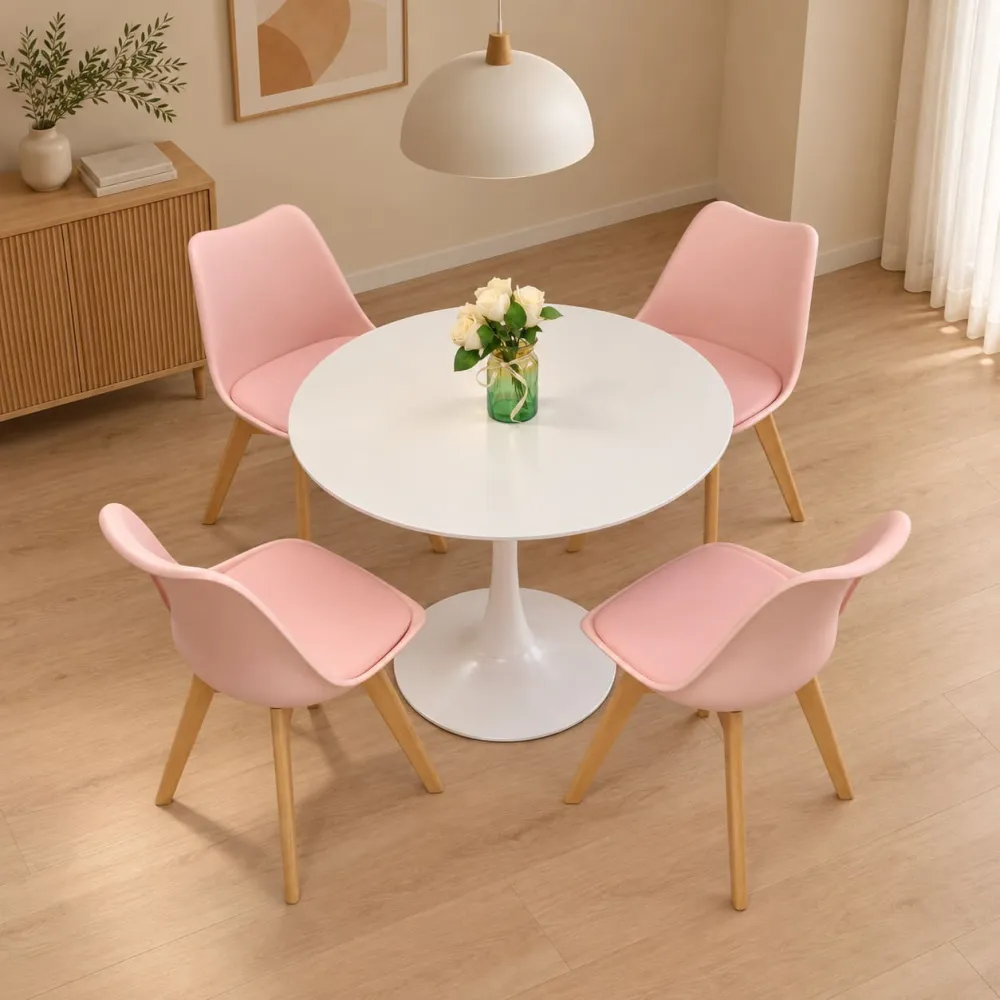 Mesa Tulip blanca redonda 80cm con sillas Tulip, comedor 4 puestos