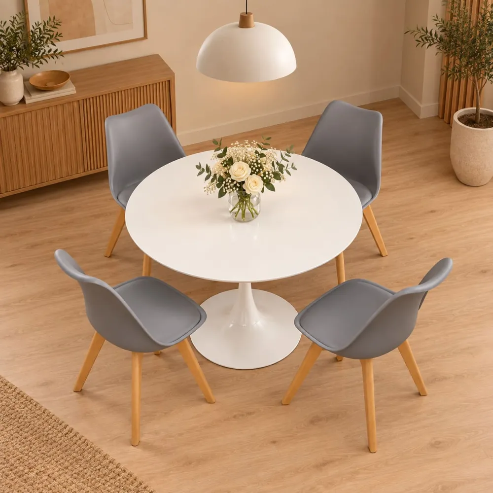 Comedor Tulip blanco 80cm con 4 sillas Tulip acolchadas – Muebles Govi