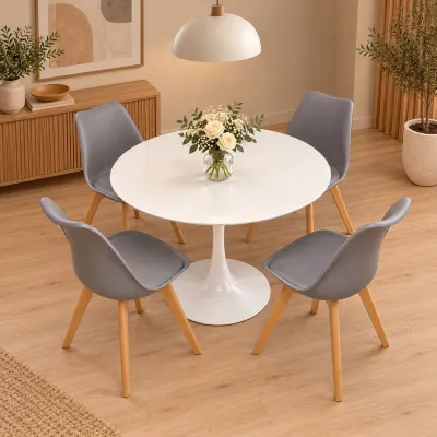 Comedor redondo mesa Tulip blanca 80cm y 4 sillas Tulip patas de madera de haya