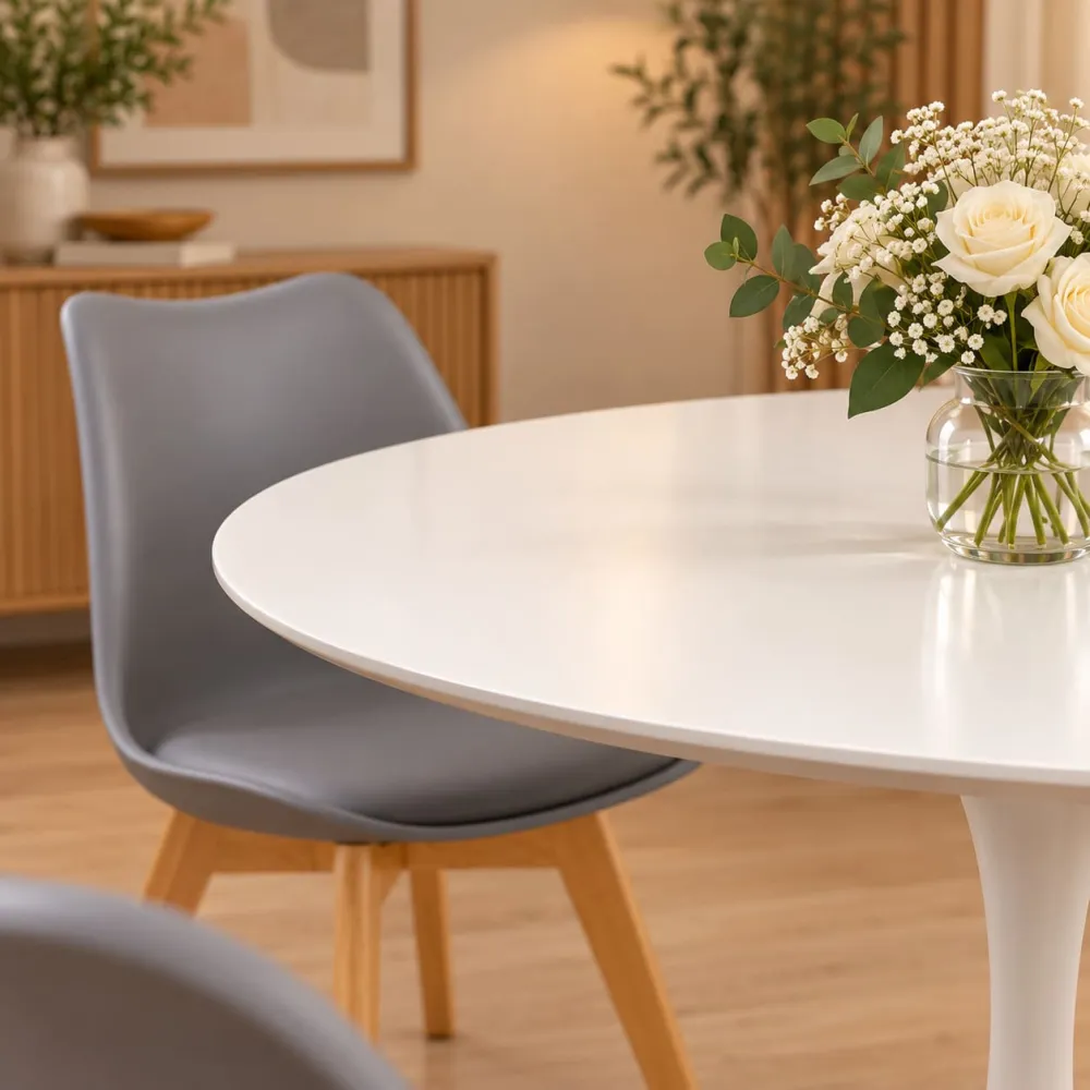 Mesa Tulip blanca redonda 80cm con sillas Tulip, comedor 4 puestos