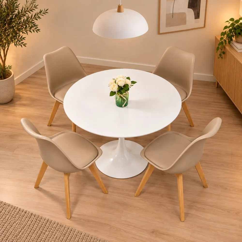 Comedor Tulip nórdico mesa blanca 80cm con 4 sillas Tulip