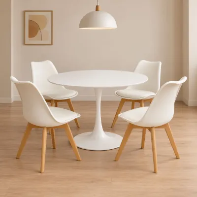 Comedor redondo mesa Tulip blanca 80cm y 4 sillas Tulip patas de madera de haya
