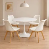 Comedor redondo mesa Tulip blanca 80cm y 4 sillas Tulip patas de madera de haya