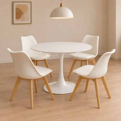 Mesa Tulip blanca redonda 80cm con sillas Tulip, comedor 4 puestos