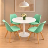 Comedor redondo mesa Tulip blanca 80cm y 4 sillas Tulip patas de madera de haya