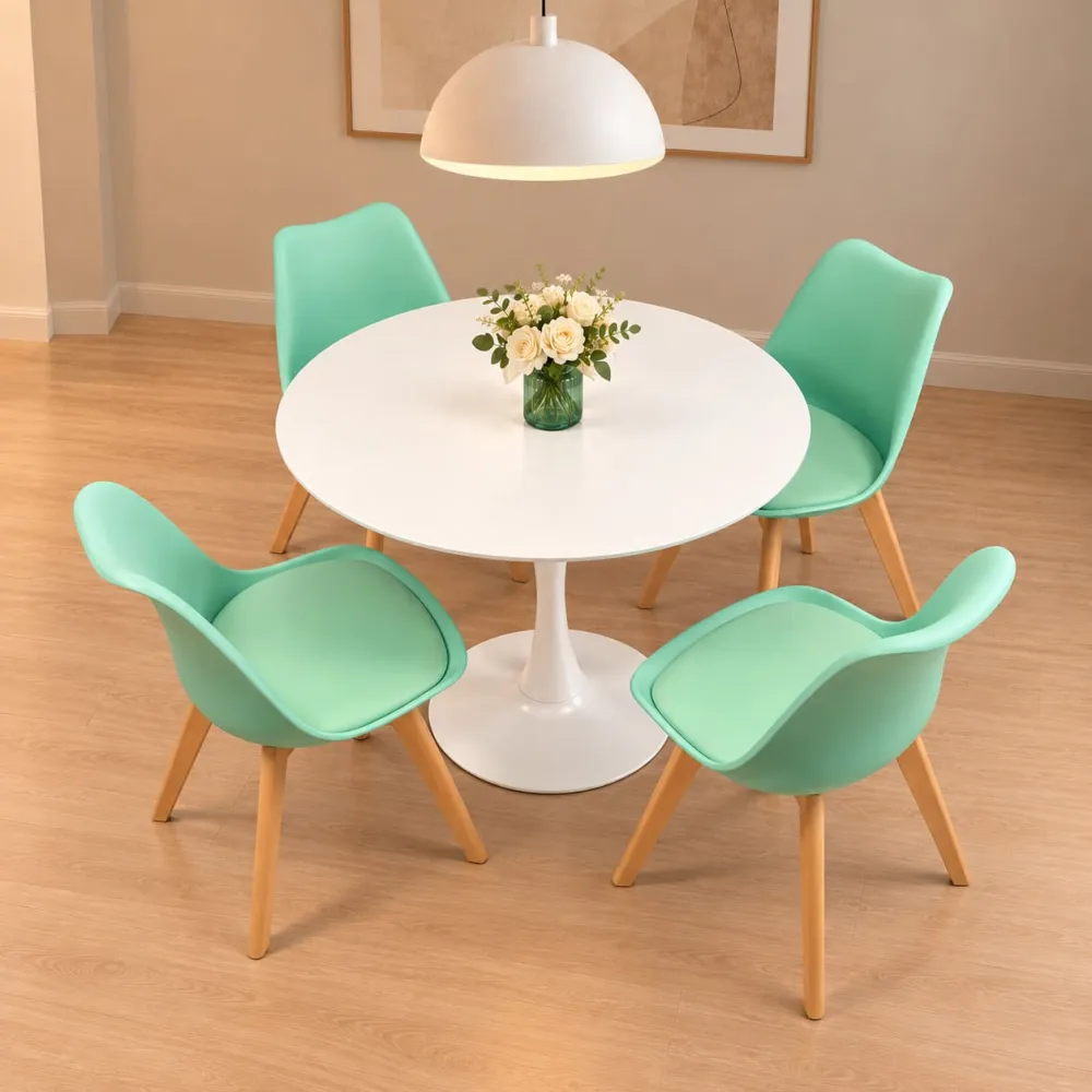 Mesa Tulip blanca redonda 80cm con sillas Tulip, comedor 4 puestos