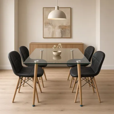 Comedor rectangular vidrio 120x80cm con 4 sillas Radar ecocuero negras – Muebles Govi