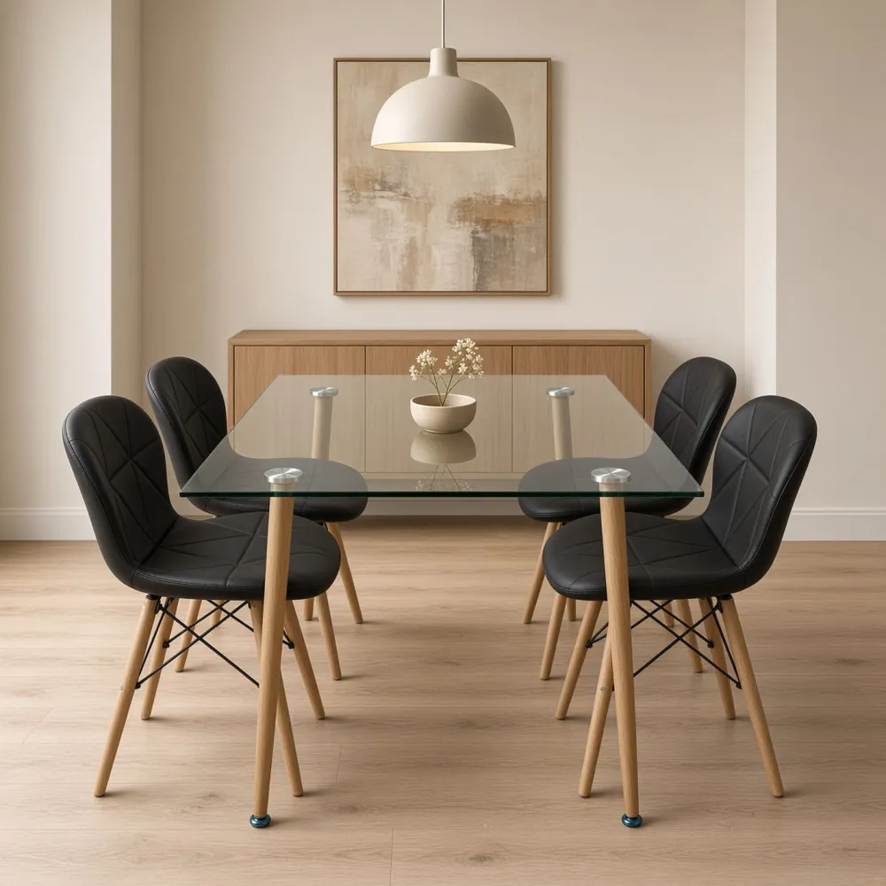 Comedor rectangular vidrio 120x80cm con 4 sillas Radar ecocuero negras – Muebles Govi
