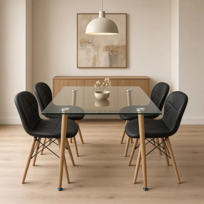 Comedor rectangular vidrio 120x80cm con 4 sillas Radar ecocuero negras – Muebles Govi