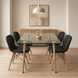 Comedor rectangular vidrio 120x80cm con 4 sillas Radar ecocuero negras – Muebles Govi