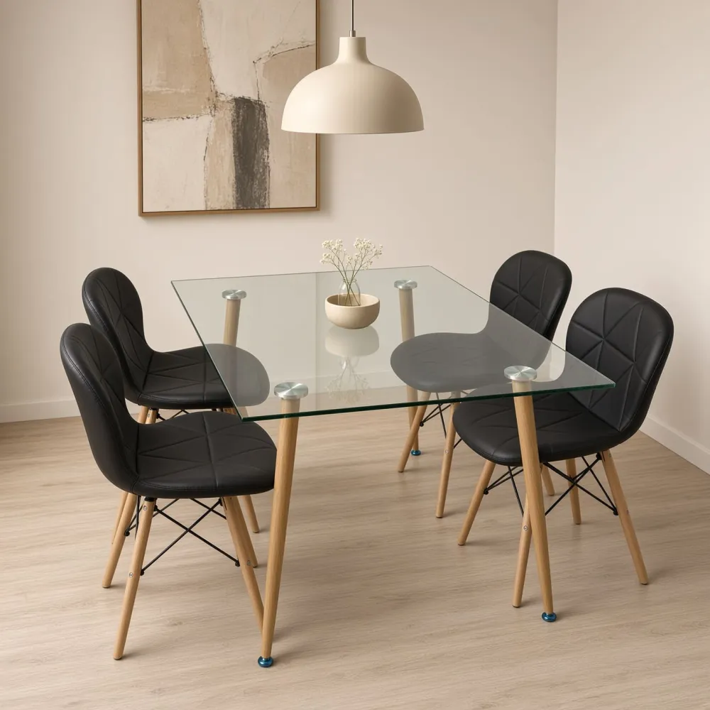 Mesa de vidrio 120x80cm y 4 sillas Radar negras patas de madera de haya