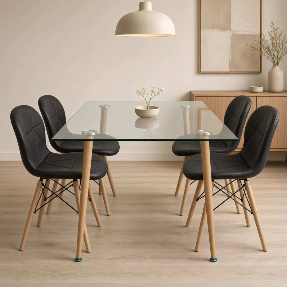 Comedor vidrio 120x80cm 4 sillas Radar negras acolchadas en ecocuero