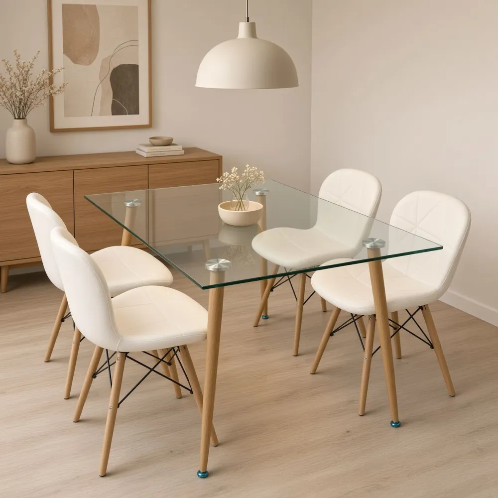 Mesa de vidrio 120x80cm y 4 sillas Radar blancas patas de madera de haya