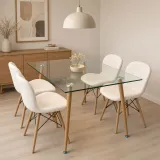 Mesa de vidrio 120x80cm y 4 sillas Radar blancas patas de madera de haya