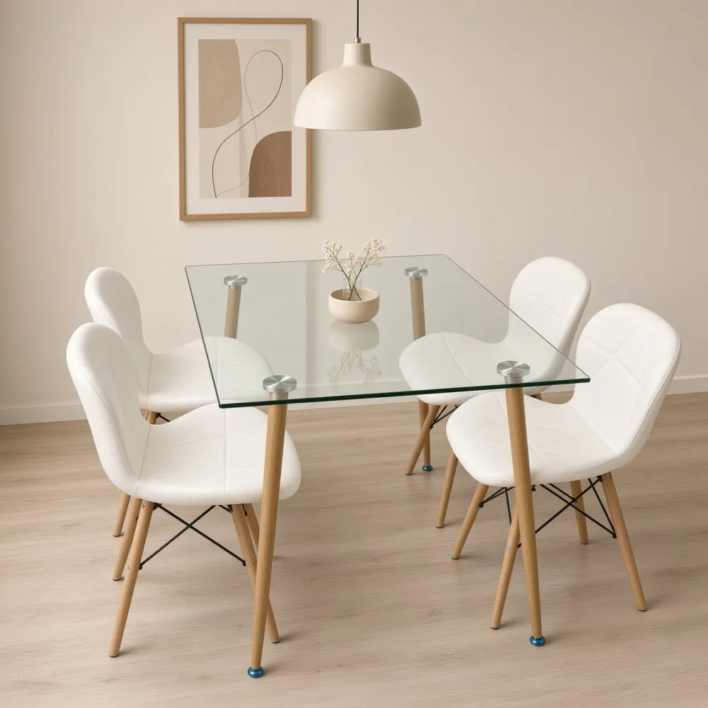 Comedor vidrio 120x80cm 4 sillas Radar blancas acolchadas en ecocuero
