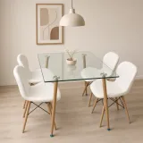 Comedor vidrio 120x80cm 4 sillas Radar blancas acolchadas en ecocuero