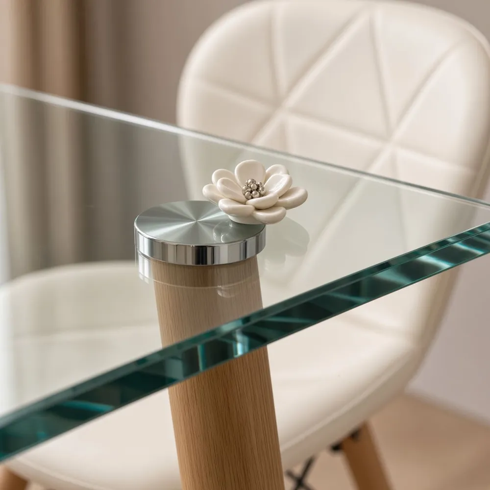 Detalle vidrio templado 10mm mesa 120x80cm y silla Radar blanca