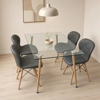 Comedor rectangular vidrio 120x80cm con 4 sillas Radar ecocuero grises – Muebles Govi
