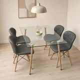 Comedor rectangular vidrio 120x80cm con 4 sillas Radar ecocuero grises – Muebles Govi