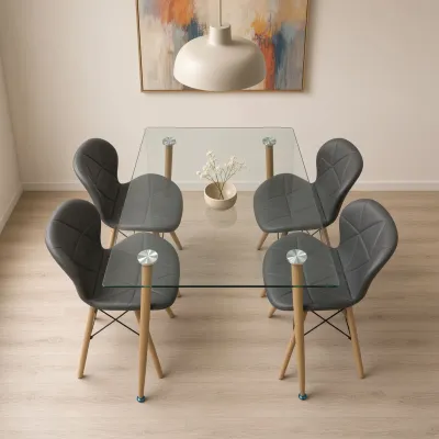 Mesa de vidrio 120x80cm y 4 sillas Radar grises patas de madera de haya