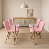 Comedor rectangular vidrio 120x80cm con 4 sillas Radar ecocuero rosadas – Muebles Govi