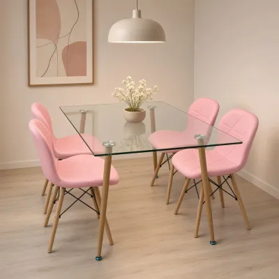 Mesa de vidrio 120x80cm y 4 sillas Radar rosadas patas de madera de haya