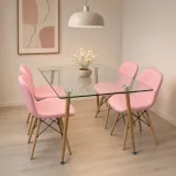 Mesa de vidrio 120x80cm y 4 sillas Radar rosadas patas de madera de haya